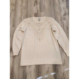 Vintage 80s Alfred Dunner Ladies Sweater‎ Ivory Sequin Beaded Iridescent Medium